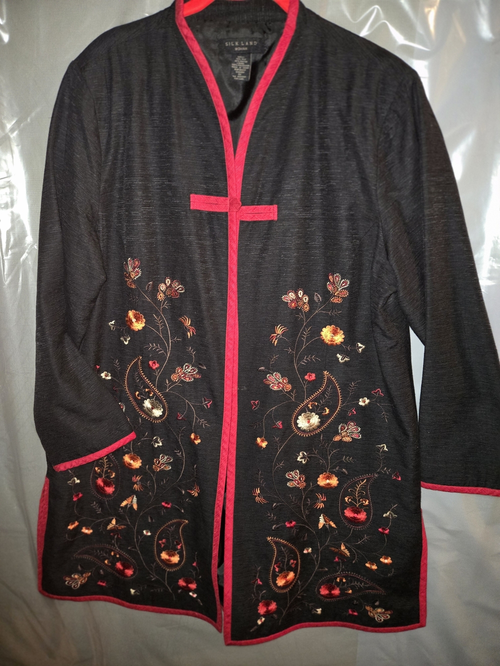 SilkLand Black with Red Trim and Multicolor Floral Embroidery